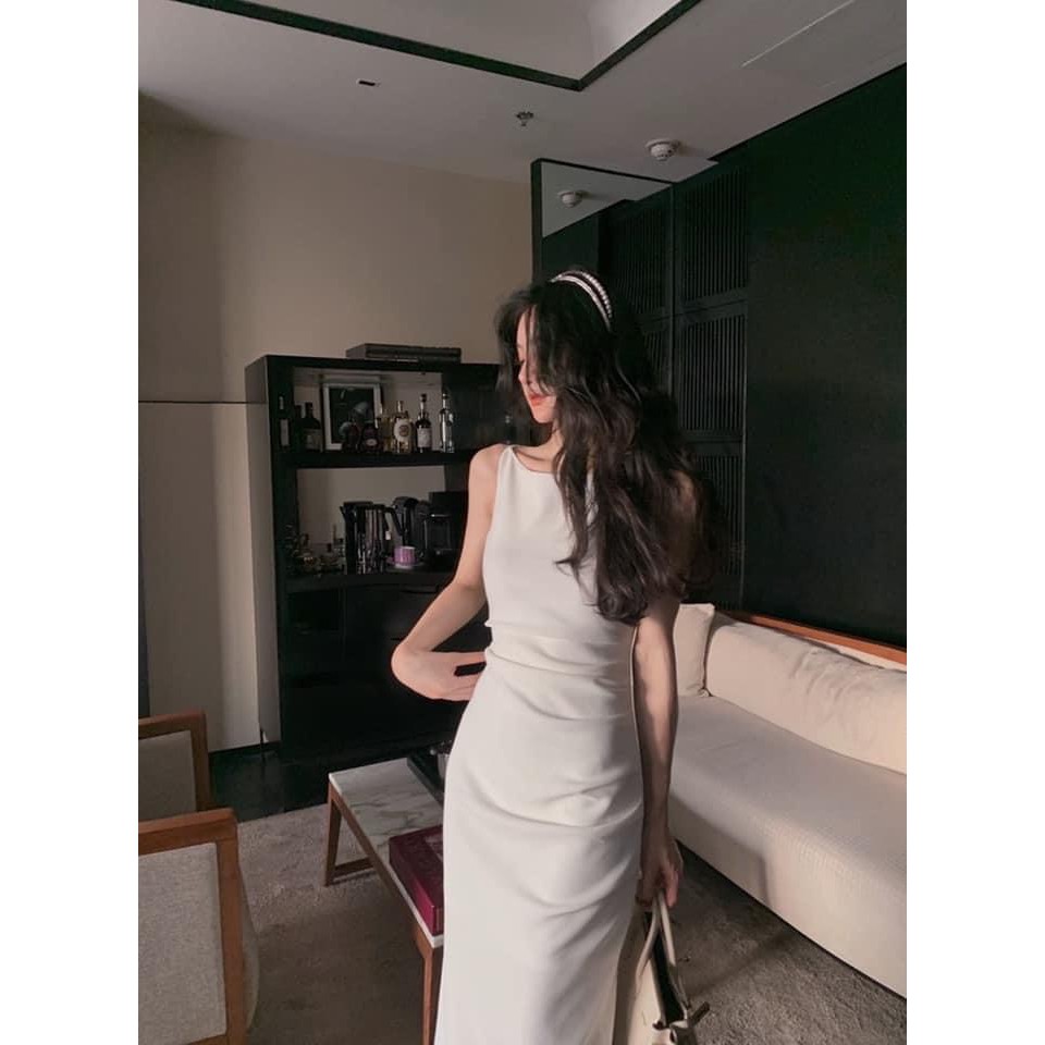 Đầm midi dáng ôm rúm eo cổ yếm 2 dây - đầm thiết kế