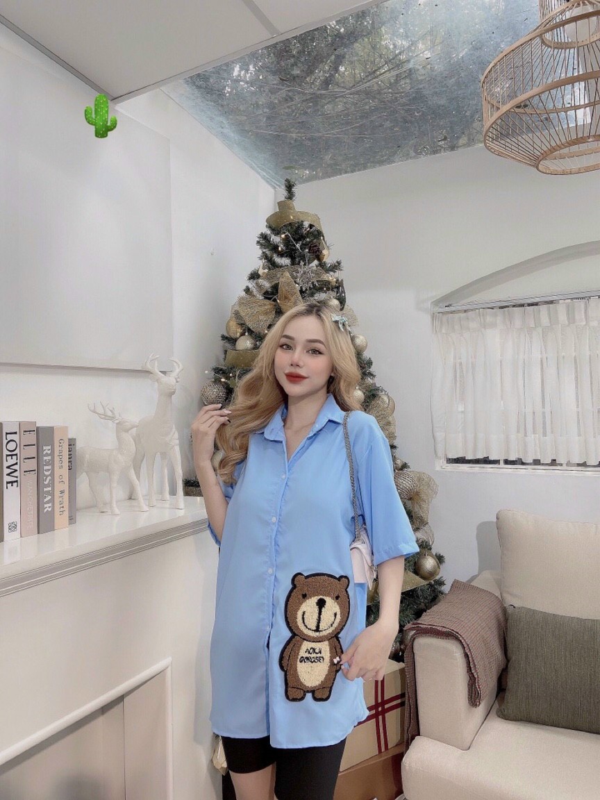 Áo Sơ Mi Form rộng Thêu Gấu Nổi