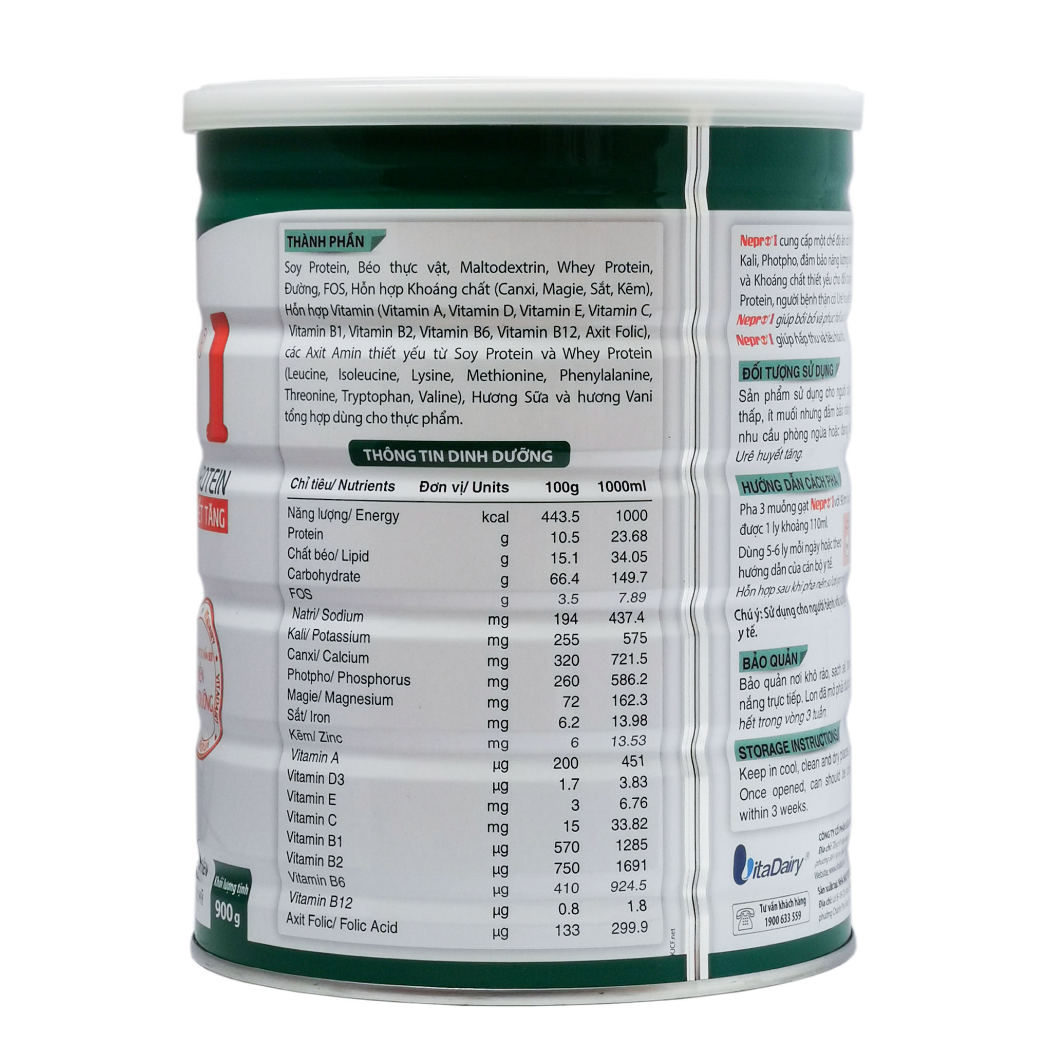 Sữa Bột Vitadairy Nepro 1 - Hộp 900g (Dành cho người bệnh thận có URÊ huyết tăng)
