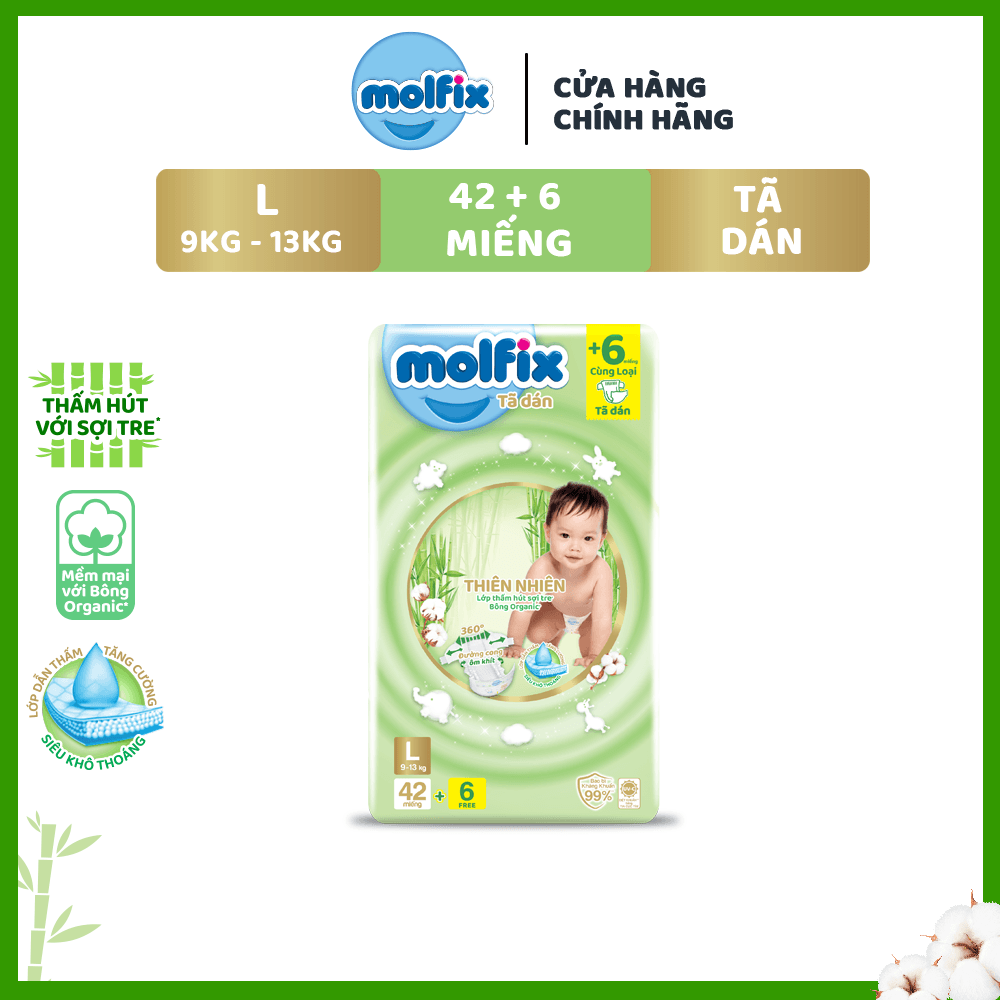 [Đơn 399K Tặng 2 miếng tã quần size L ] Tã/bỉm dán Molfix Thiên nhiên Jumbo L (9kg - 13kg) - Gói 42+6 miếng