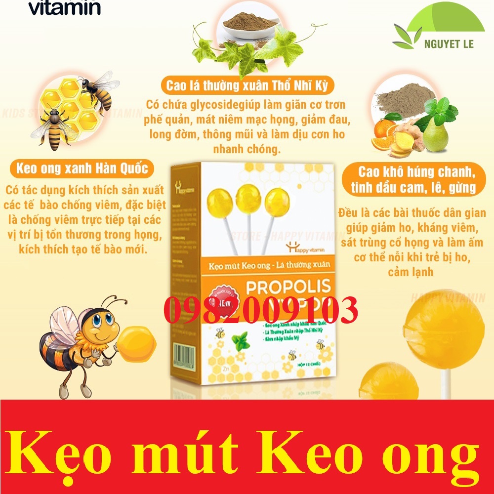 Kẹo mút keo ong lá thường xuân propolis ivy pop new happy vitamin hộp 12