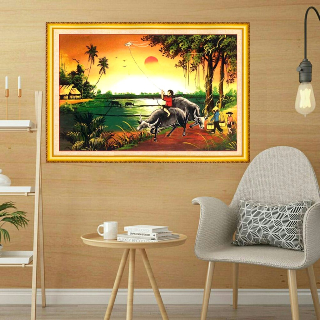 Tranh thêu chữ thập Tiểu Ngư Canh Mục (kích thước nhỏ 59x43cm)