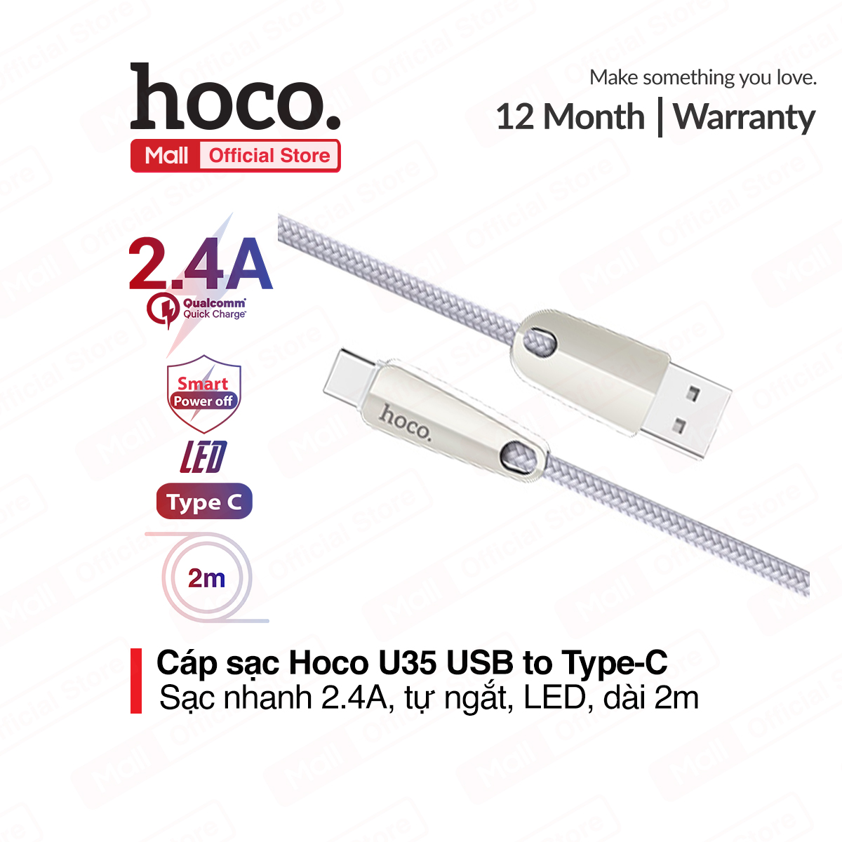 Cáp sạc Nhanh Type C Hoco U35cho Samsung Galaxy Note 9 Note10 S9 S10 S10+ tự ngắt khi pin đầy dài 200cm