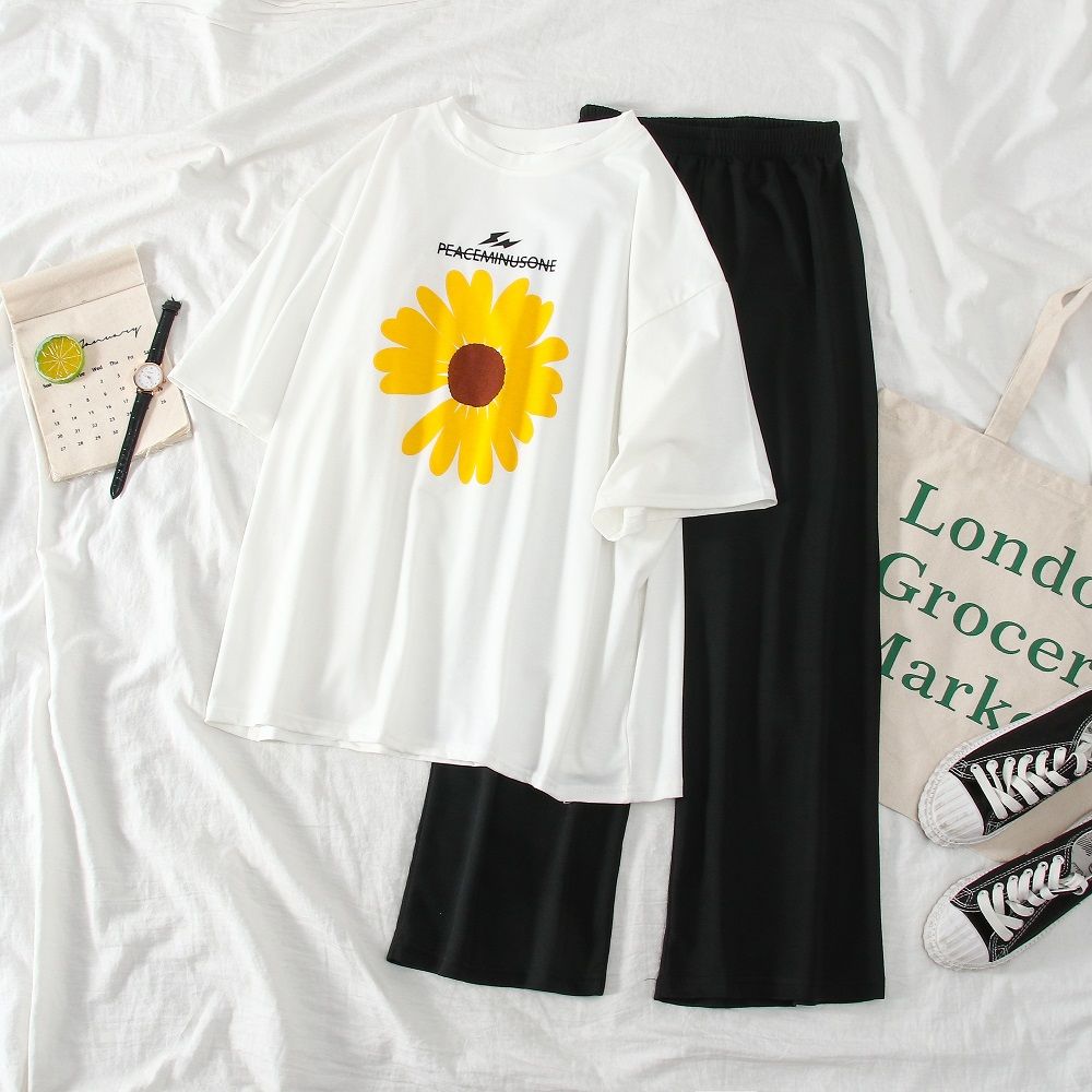 Sét bộ quần dài ống rộng kèm áo thun hoa cúc cực hot 140