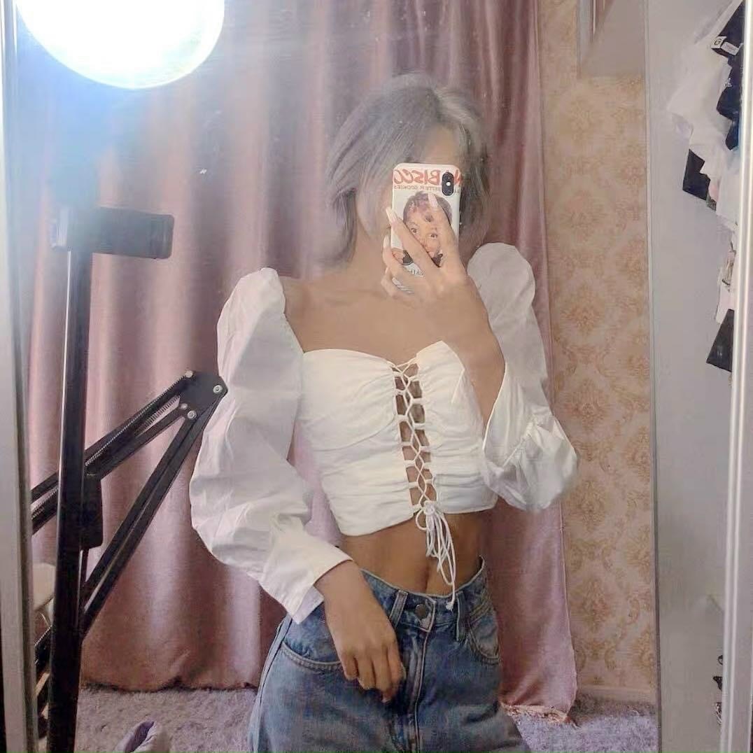 [HCM]Áo Croptop Đan Dây Tay Dài Daisy (TRẮNG+ĐEN)