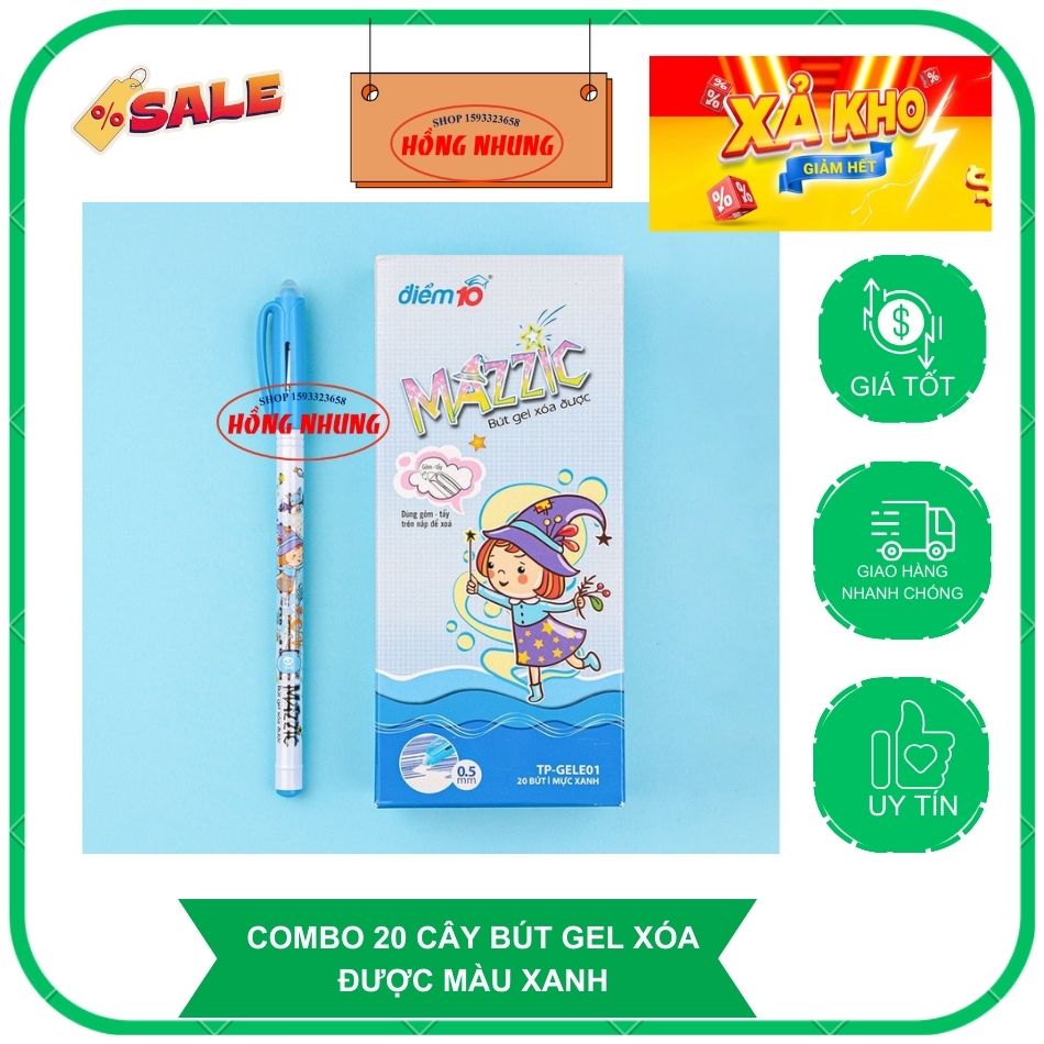 Combo 10/20 Bút Gel xóa được Thiên Long ngòi 0.5mm mực xanh/đen/tím, bút viết trơn mượt có gôm trên nắp TP-GELE01