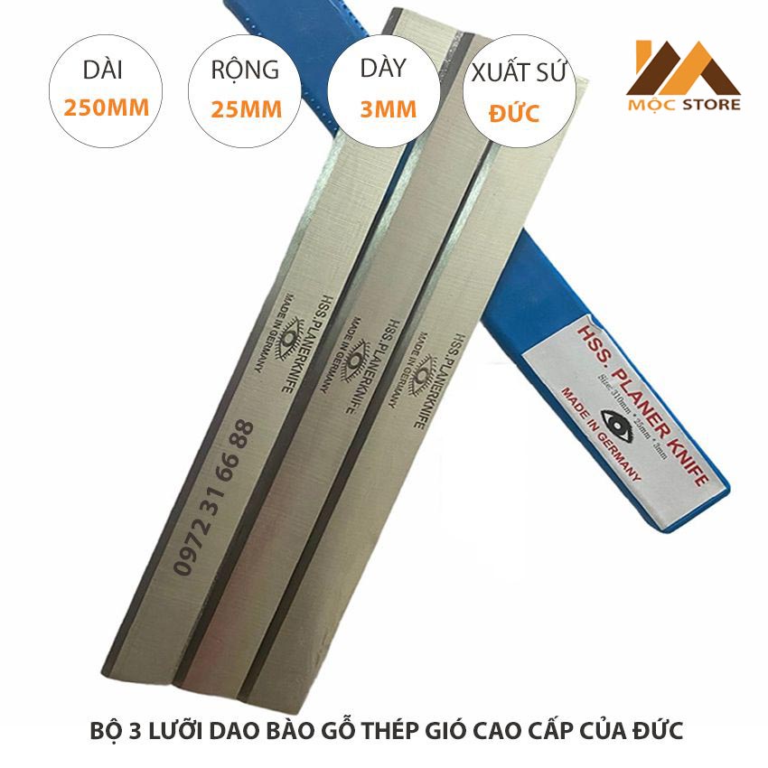 Bộ 3 lưỡi dao bào gỗ thép hss cao cấp 250x25x3mm của đức - lưỡi bào con mắt
