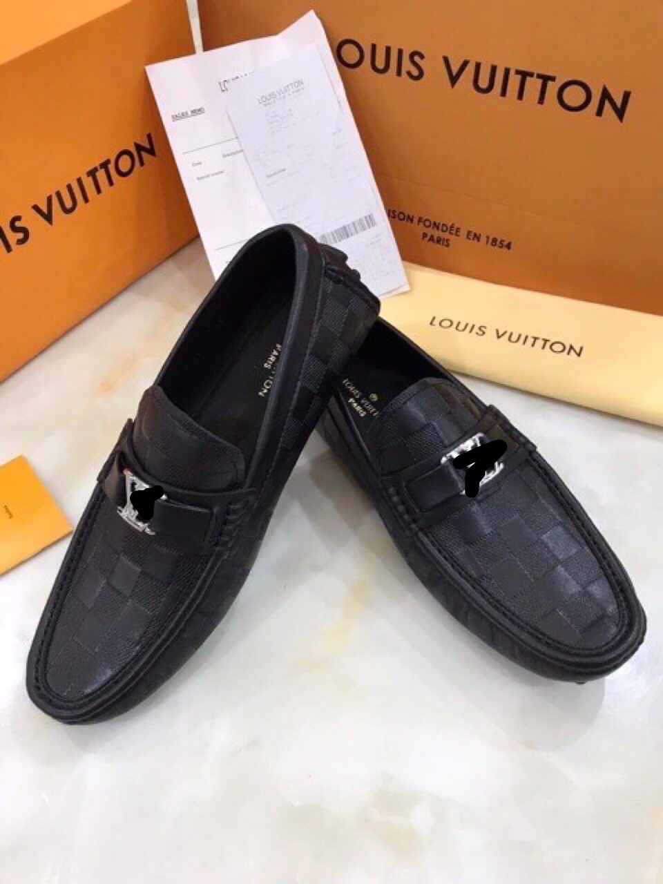 giày lười nam vân caro logo sáng loáng đế cao su