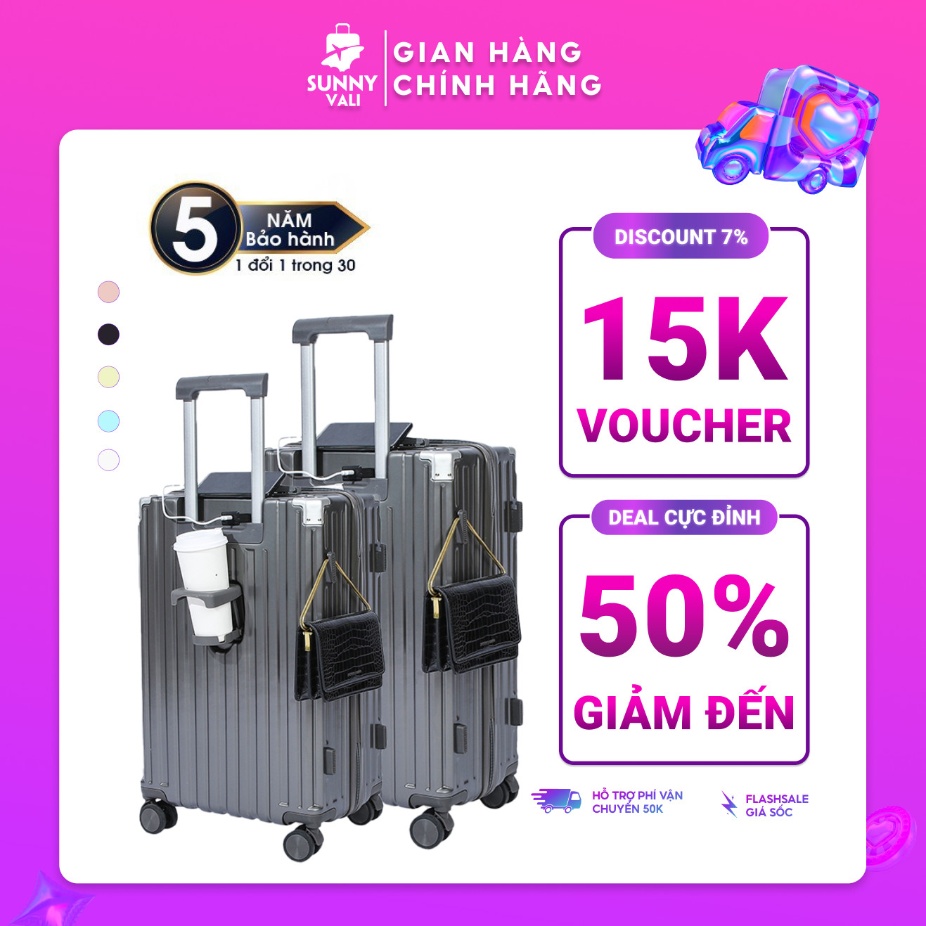Vali kéo du lịch SUNNY SV15 NÂNG CẤP - nhựa ABS + PC xách tay kí gửi size 20/24inch có cổng sạc usb, khay đựng cốc, móc treo đồ