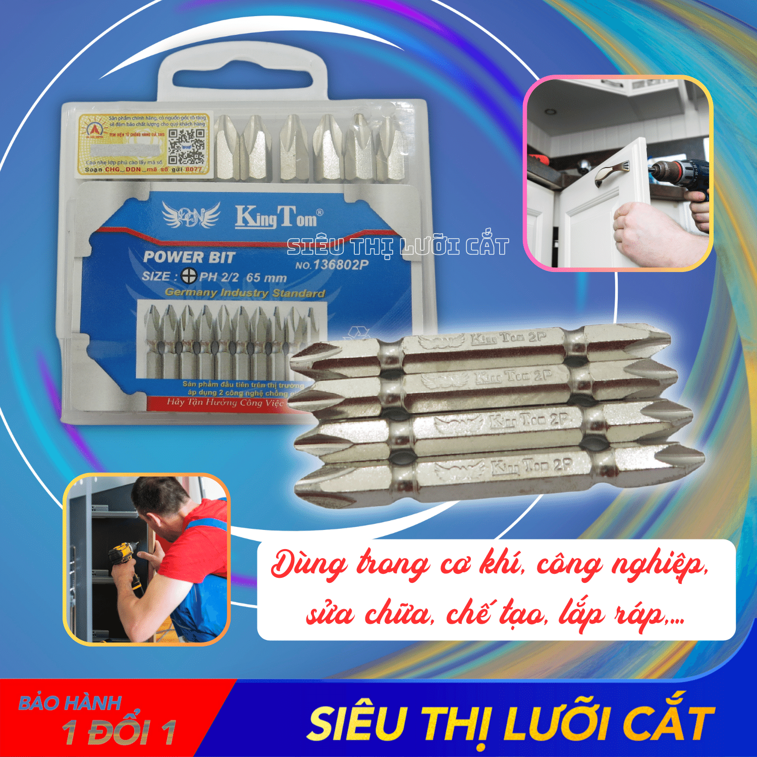 Đầu Vặn Vít (2 Đầu Bake) Cao Cấp KingTom Ngắn 65mm - Lực Hít Cực Mạnh (Hộp 10 Mũi)
