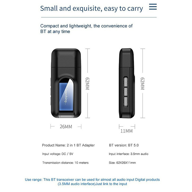 USB Thu Phát Âm Thanh Bluetooth 5.0 BT 2in 1