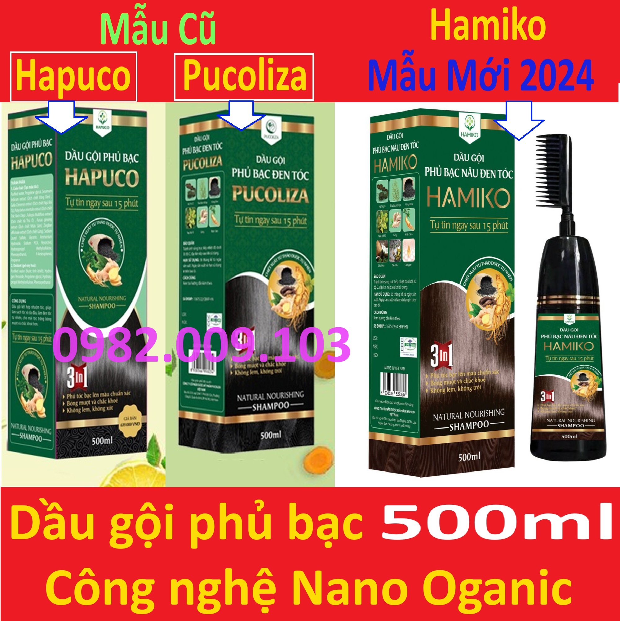 Dầu gội phủ bạc Hapuco pucoliza 500ml - Dầu gội nhuộm 3 màu: Nâu + hạt dẻ Đen