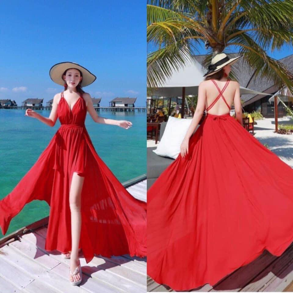 [HCM]ĐẦM MAXI CHÉO LƯNG ĐỎ- HÌNH THẬT SP100%
