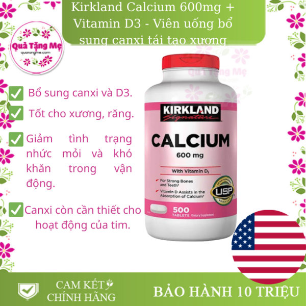 Viên uống Canxi Kirkland Signature Calcium 600mg + D3 hộp 500 viên của Mỹ