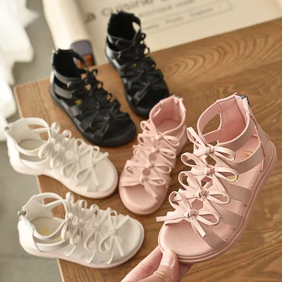 Girls Sandals Gladiator Flowers Bow Sweet Soft Children Casual Beach Shoes Kids Summer Sandals Princess Fashion Pink White Shoes
