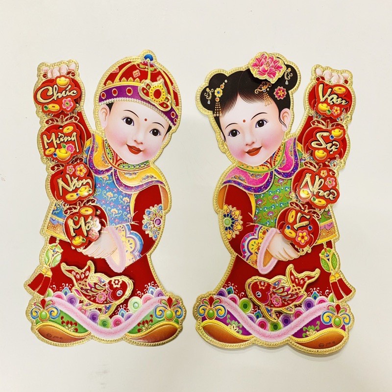 Hình dán hai em bé tiên đồng ngọc nữ - em bé áo dài trang trí tết 35cm - 40cm - 50cm - 60cm - 70cm - 90cm Chữ việt