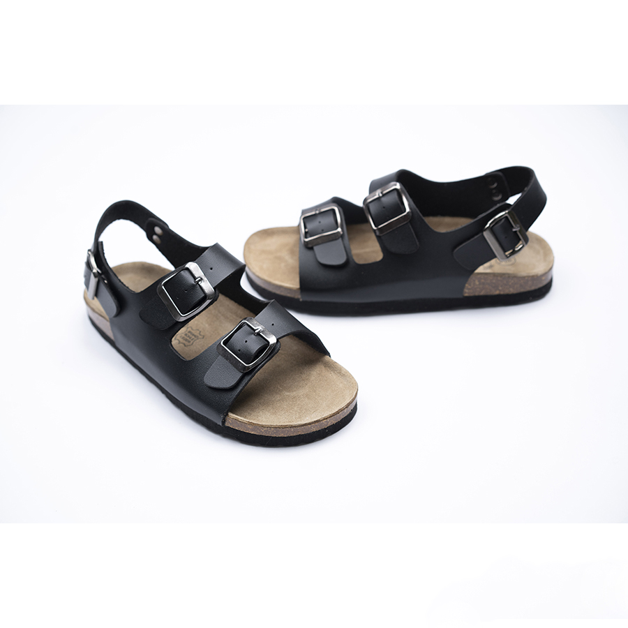 Giày Sandal Đế trấu Unisex 2 khóa da pu đen