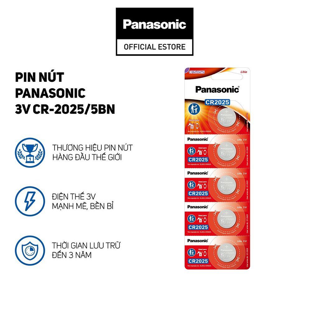 Vỉ 5 viên Pin nút Panasonic 3V CR-2025/5BE - Hàng Chính Hãng