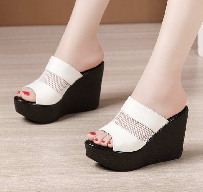 Dép đế xuồng 10f quai da phối lưới
