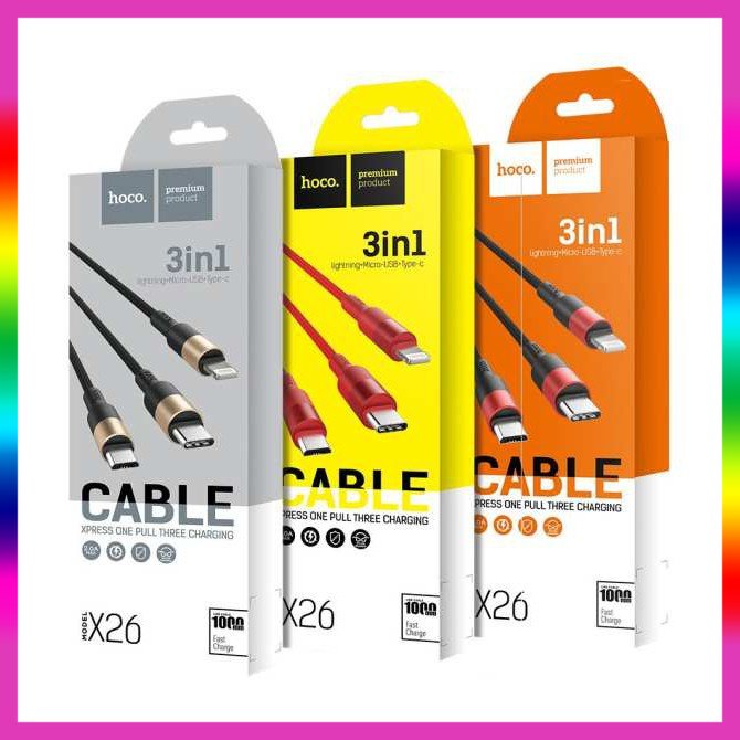 Cáp sạc dây dù 3 đầu hoco x26 2a dài 1m - chính hãng bh 12t