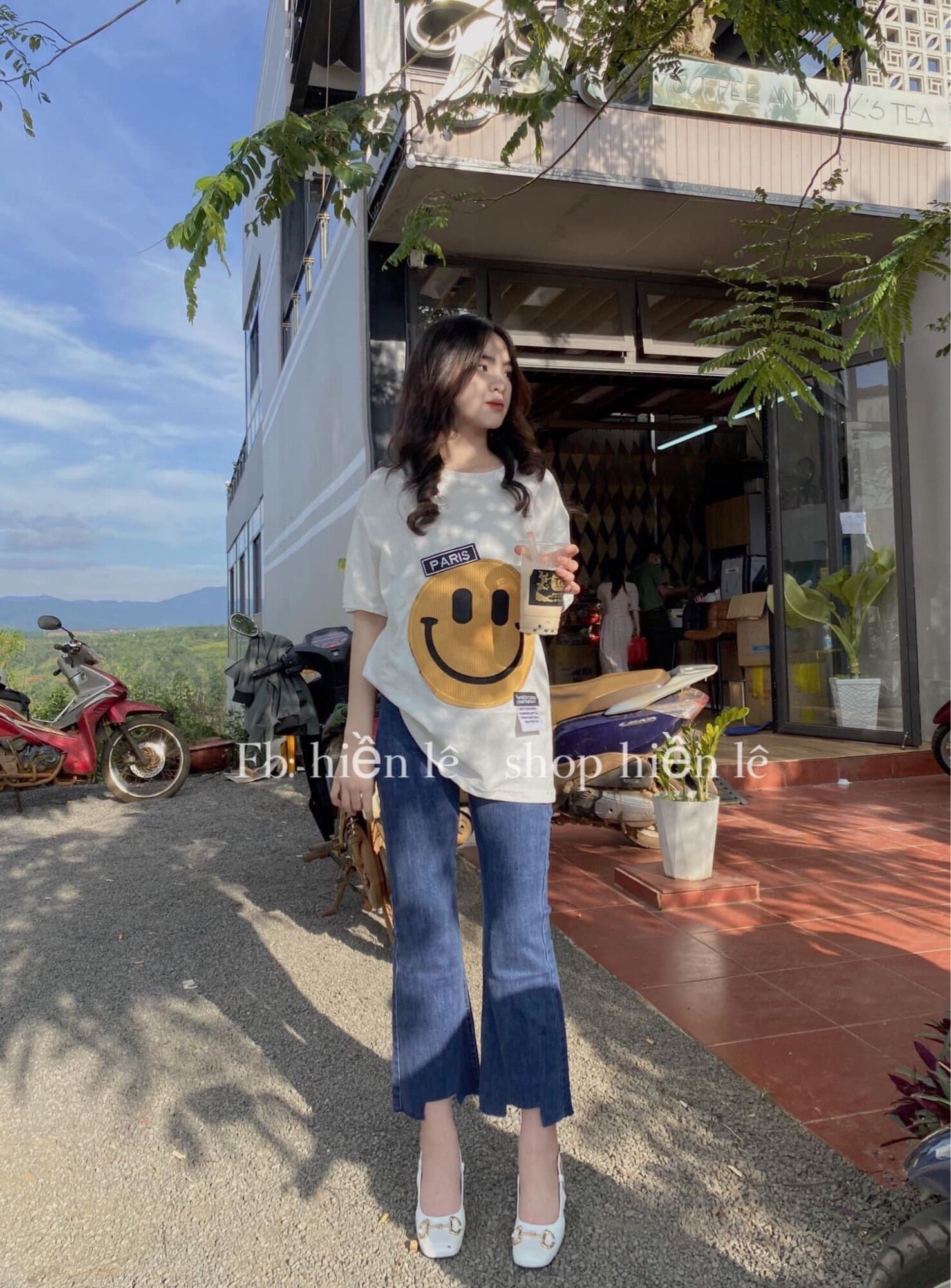Jeans dài lưng cao co giãn ống loe rách gấu