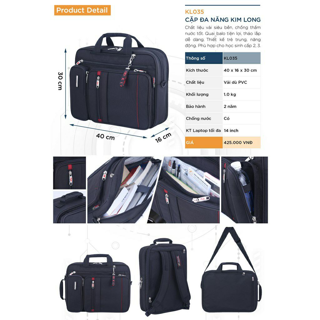 cặp kim Long đa năng KL 035 ,cặp học sinh cấp 2 cấp 3