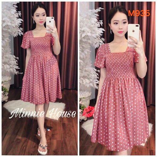 Đầm chấm bi nhún ngực von lụa 40-50-QH