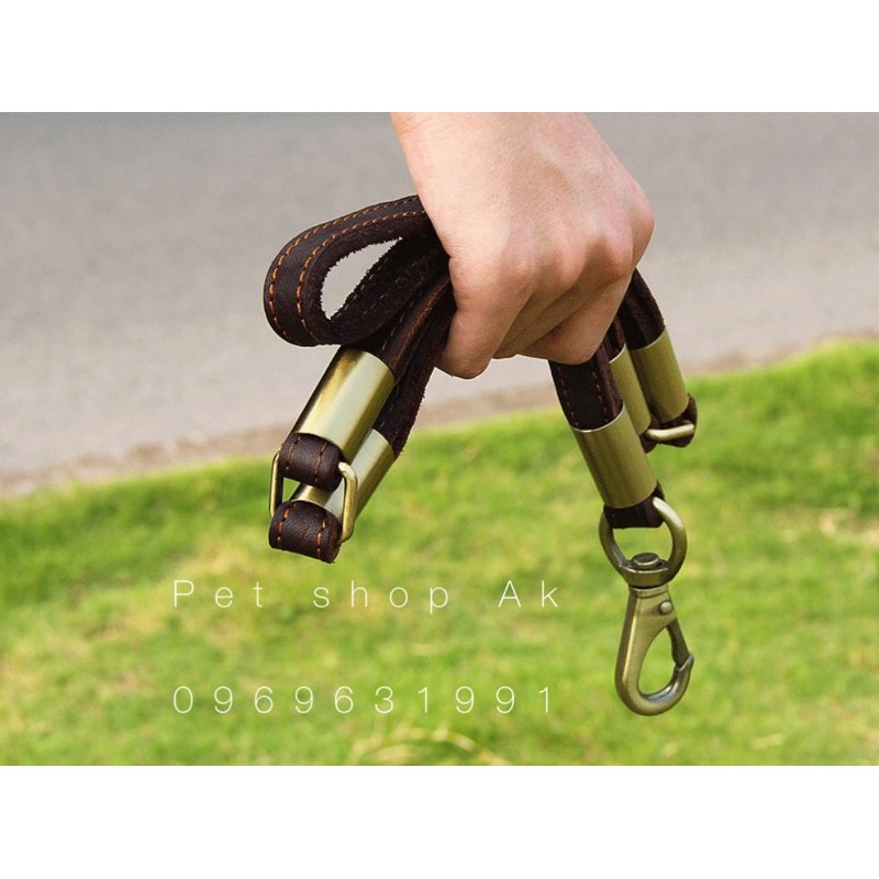 Dây dắt chó bằng da 3 khúc chi tiết đồng