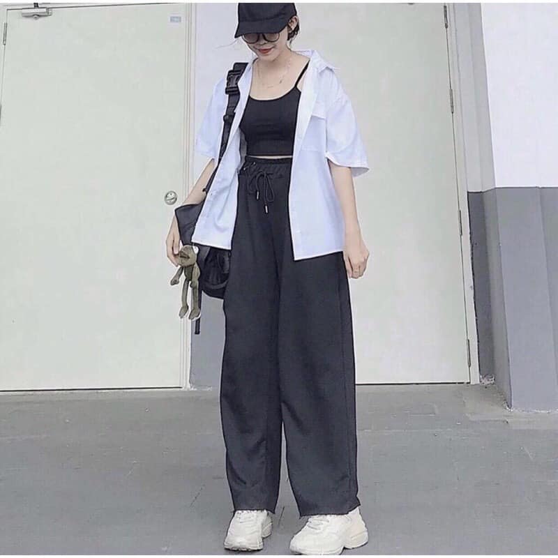 Quần nỉ ống rộng unisex lưng cao, quần nỉ ống rộng trơn, quần ống rộng cạp chun, quần ống rộng hàn quốc, LEVERMART, Quần jogger nữ, quần thể thao nữ, quần nữ