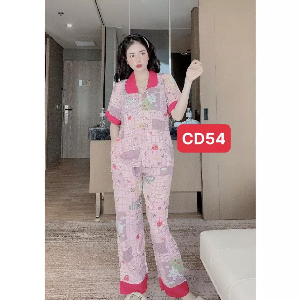 Bộ đồ ngủ mặc nhà áo cộc quần dài H1