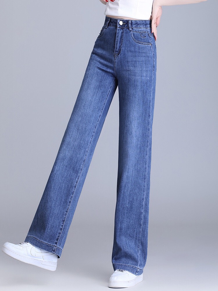 Quần jeans nữ ống suông, quần ống rộng co giãn vải mềm mịn
