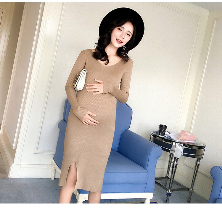 Đầm bầu thu đông - váy len ôm cổ tim