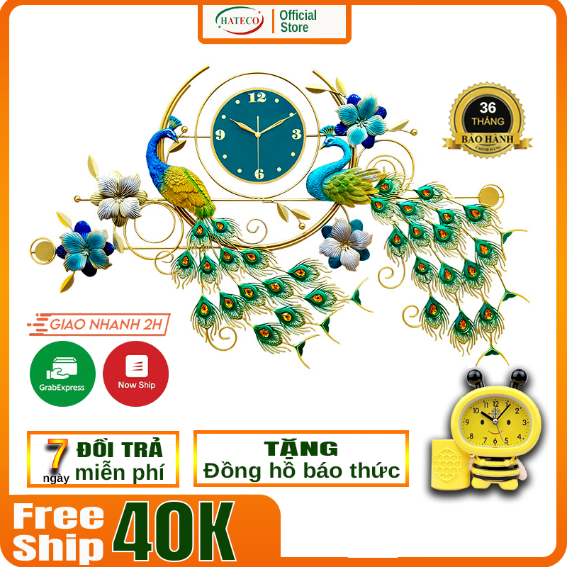Đồng hồ treo tường trang trí đẹp HATECO TT2928, loại đồng hồ chim công có thể thay tranh treo tường trang trí phòng khách, Đồng hồ treo tường hai con công làm quà tặng tân gia, mừng đám cưới