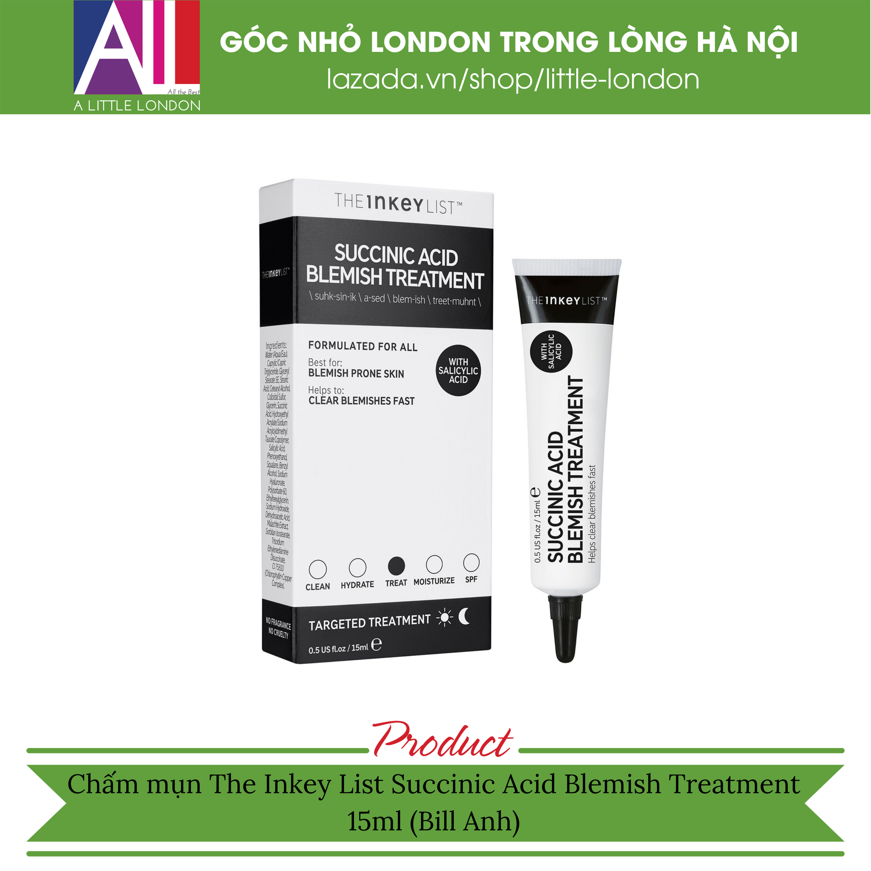 Chấm mụn The Inkey List Succinic Acid Blemish Treatment 15ml (Bill Anh)