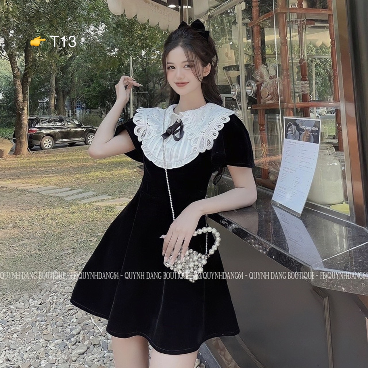 Đầm nhung tiểu thư cao cáp phối ren, chất nhung cao cấp