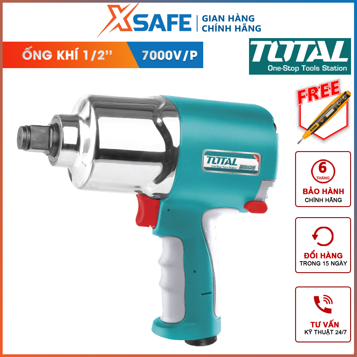 Máy bắn bu lông dùng khí nén total tat40341 | dụng cụ siết bu lông đầu vặn vuông 19mm tốc độ không tải 7000 v/p mô men quay tối đa 1000ft 1355nm đầu lọc khí 3/8 mở hoặc xiết bu lông xe