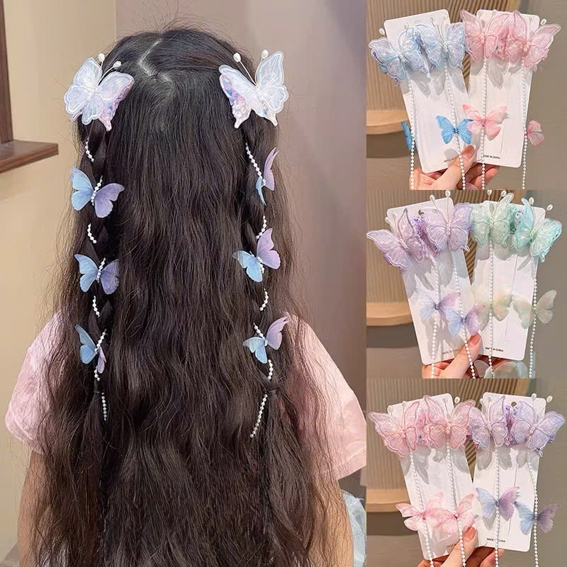 Set 2 kẹp tóc dây chuỗi ngọc bướm nhiều màu siêu cute cho bé