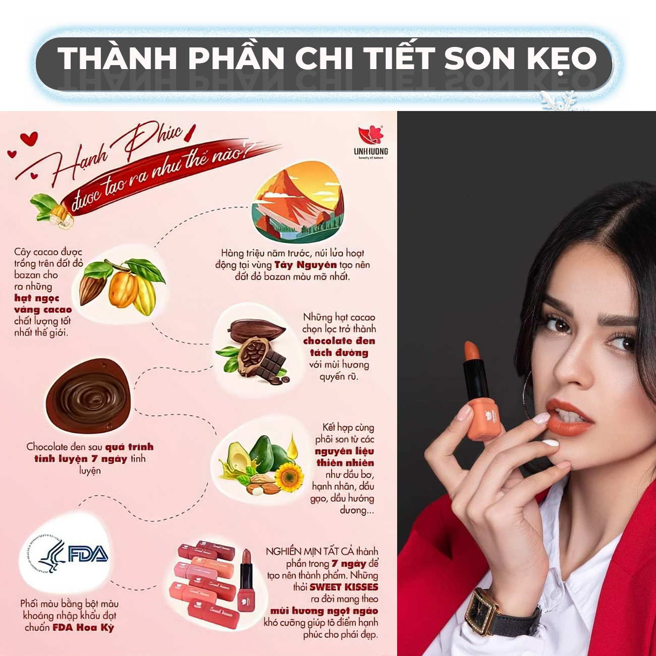 Linh Hương Sweet Kiss Son kẹo thuần chay siêu lì bền màu ăn không trôi Son thỏi lên màu lì không chì an toàn cho mẹ bầu Beauty of nature