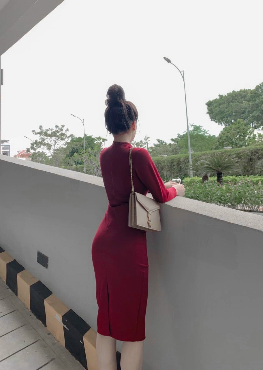 Đầm body đỏ tay dài-QH #damnu