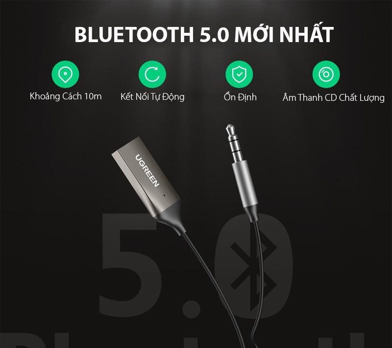 Thiết bị nhận Bluetooth 5.0 Music Receiver Ugreen 70601 (Hỗ trợ Mic dùng trên Ôtô) Chính Hãng