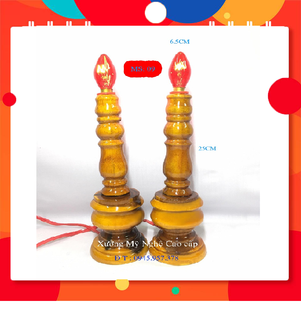 [HCM]ĐÈN THỜ-Cặp Đèn vàng lớn   Để Bàn Thờ - Gỗ Tràm - Hàng Chất Lượng Cao - ST : 09