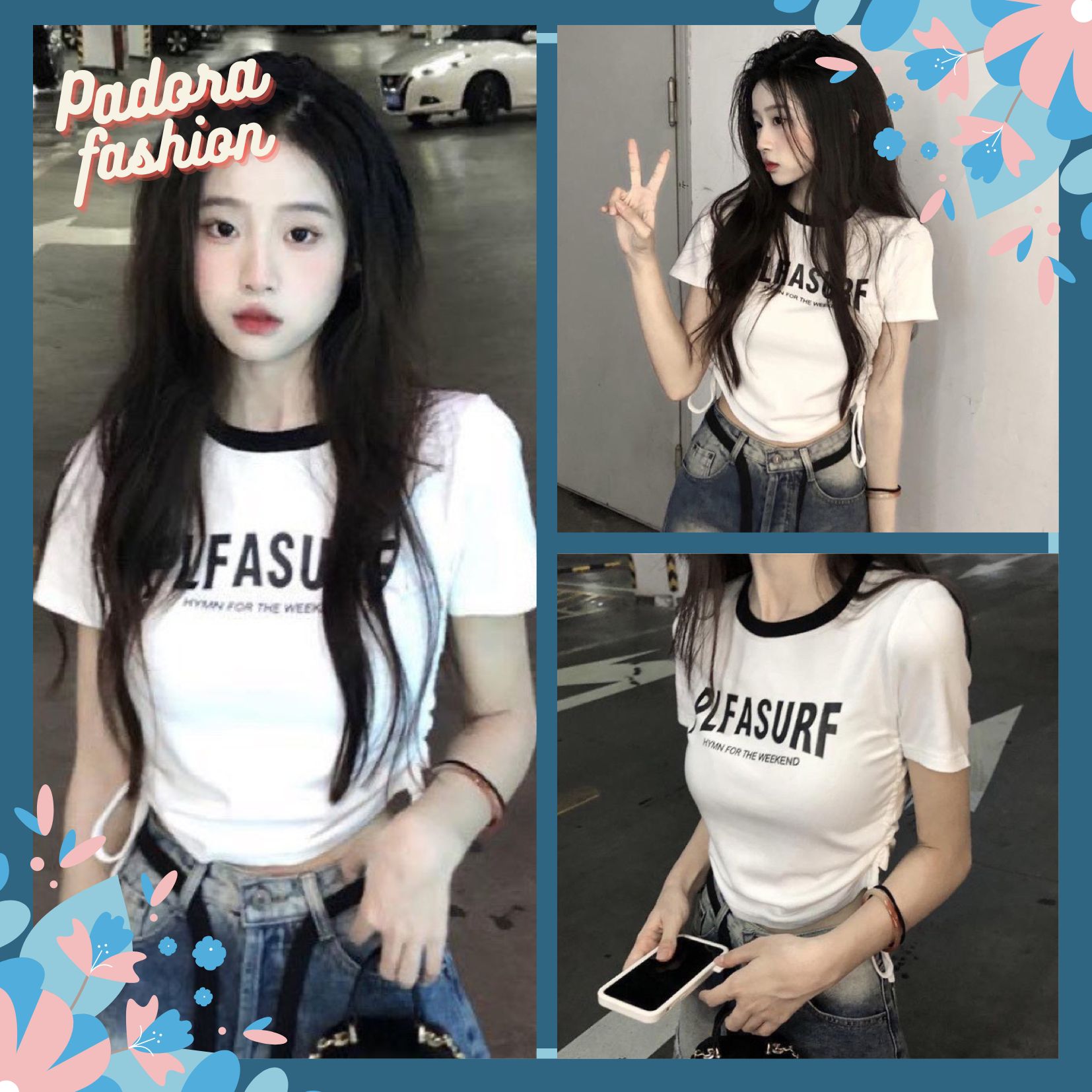 Áo babytee cổ tròn áo thun dáng croptop dây rút 2 bên sườn Padora-A58