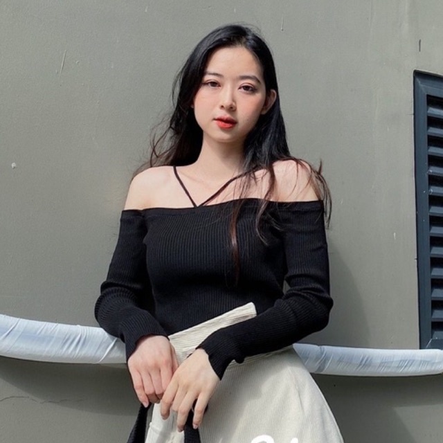 Áo kiểu trễ vai dài tay nữ phong cách hàn quốc siêu xinh