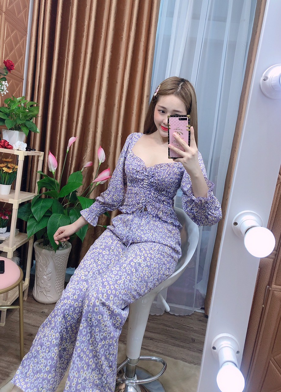 Sét bộ lụa hoa rút ngực cao cấp-DT
