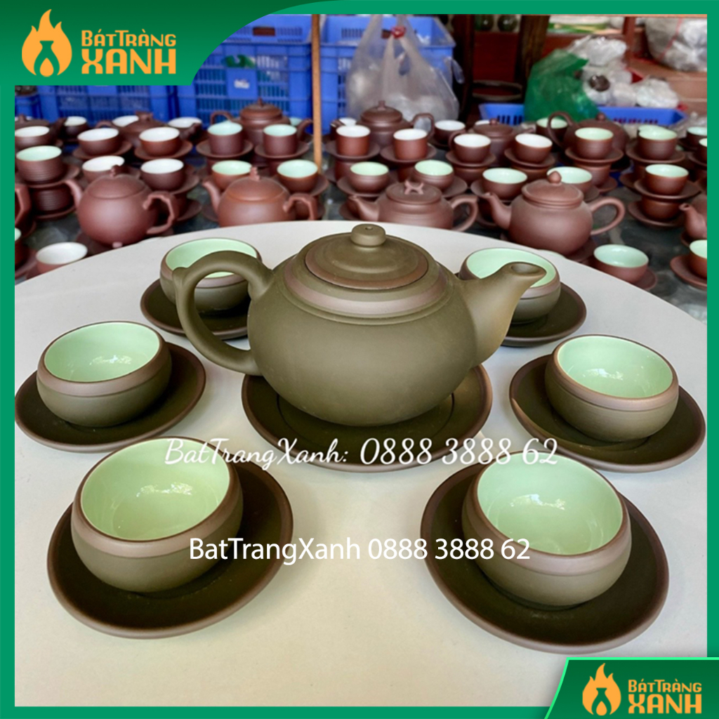 Bộ Ấm Búp Sen Xanh Chỉ Men Ngọc - Ấm Chén Uống Trà Bát Tràng