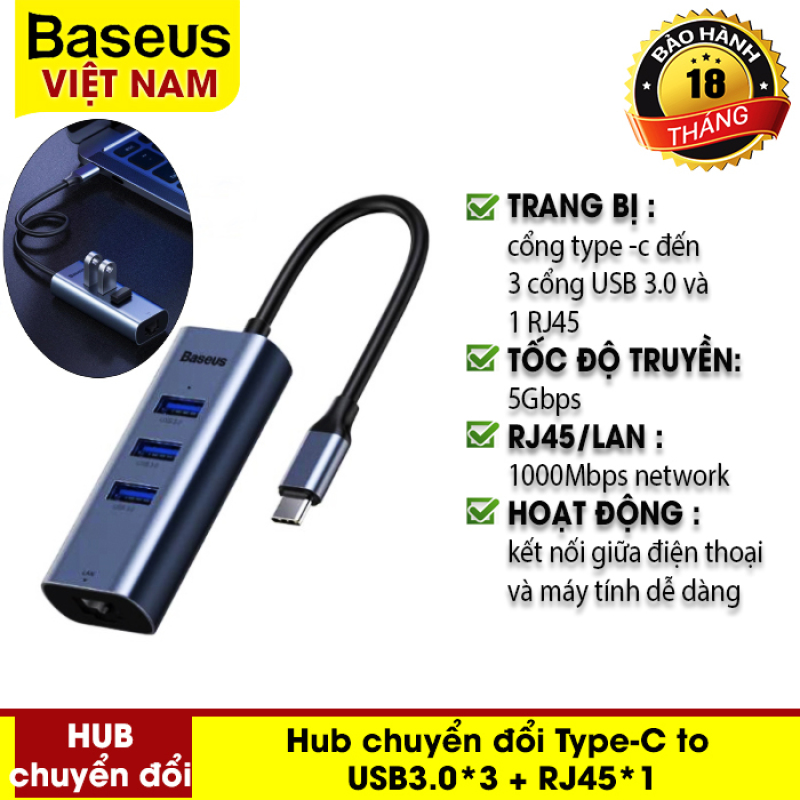 Hub chuyển đổi Type-C to USB3.0*3 + RJ45*1 cho Macbook Air Pro Samsung Huawei - Thương hiệu Baseus - Phân phối bởi Baseus Vietnam