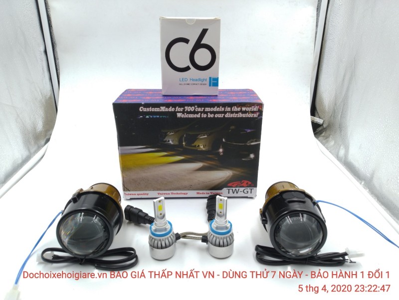 Bi gầm Led tăng sáng ô tô - Đèn bi gầm 2 chế độ pha cos lắp bóng led, tăng sáng +100%, chiếu xa thêm 100 mét, KHÔNG GÂY CHÓI - Full bộ 2 Bi gầm Đài Loan TWGT 2,5 inch + 2 Led C6 36W 3800Lm . Tặng kèm decal dán màu vàng phá sương