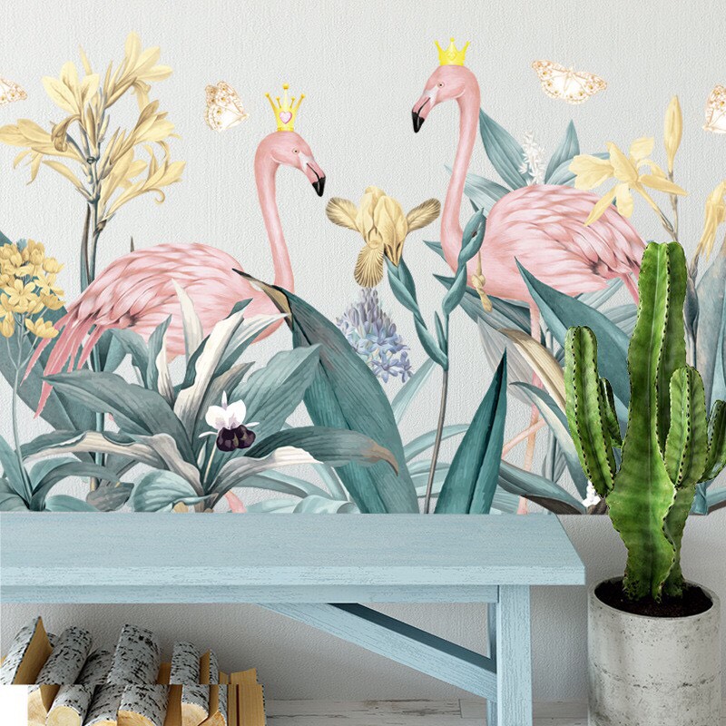 Decal dán tường hạc hồng khóm hoa phong cách bắc âu trang trí phòng khách, phòng ngủ