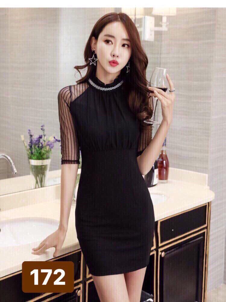 Đầm body tay lưới cổ hạt cao cấp