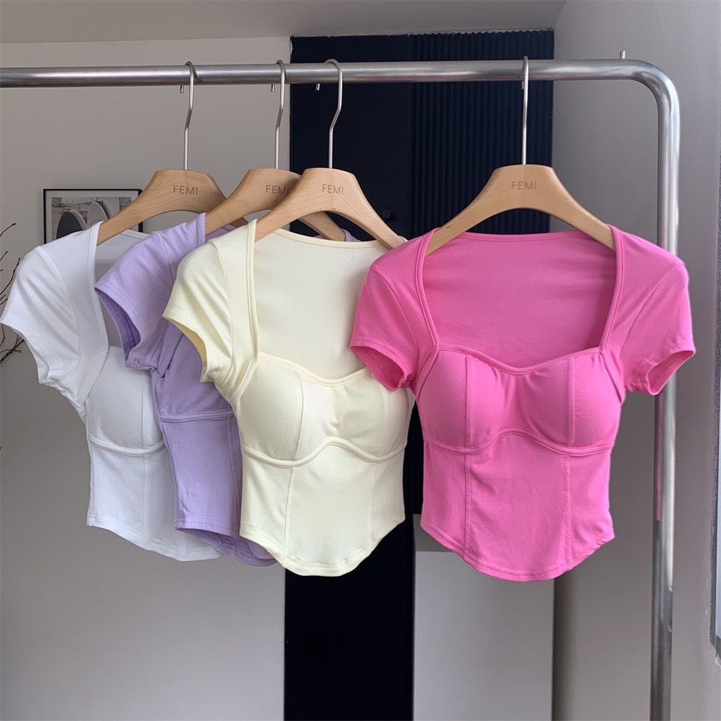 Áo cotton cổ vuông kiểu hở lưng nơ xoắn , áo thun cổ vuông có đệm ngực gợi cảm hở lưng vai ngắn tay ngắn tay